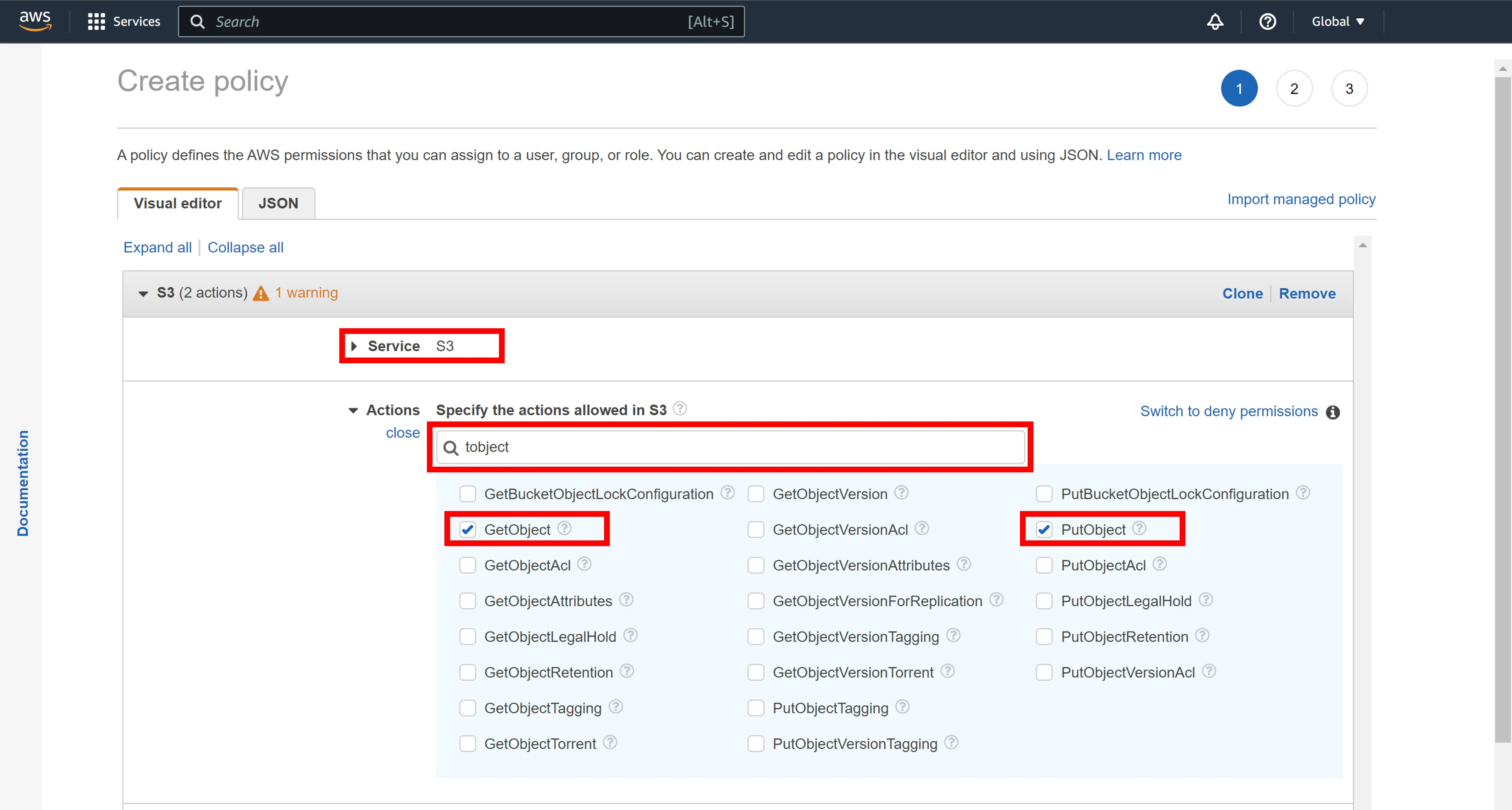 S3 Service and Actions Selection
